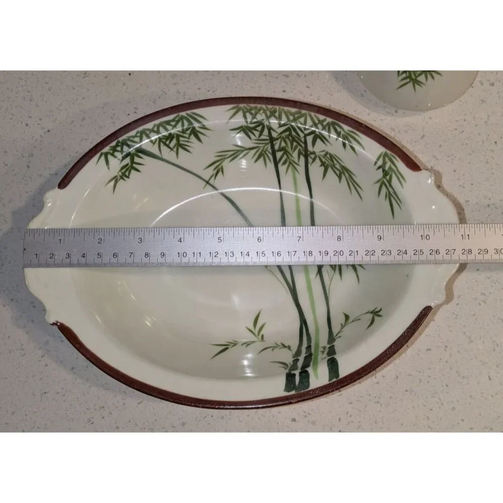 Vintage Japanese Hand-Painted Bamboo Design Oval Bowl two Handles 11 inch Length - Picture 7 of 12